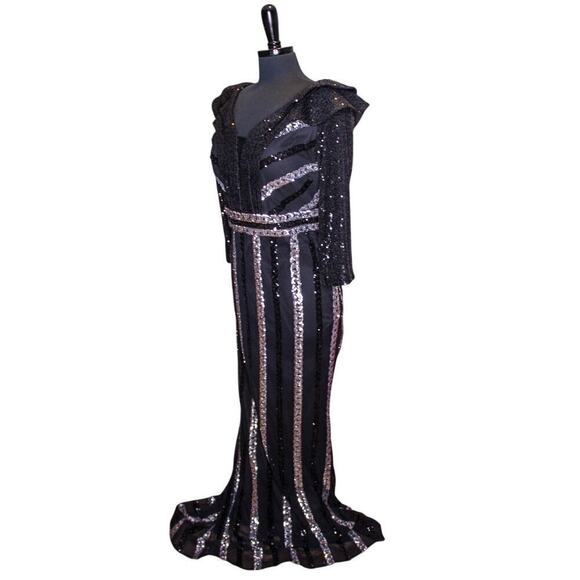 Reseda Sequin Gown Formal Black Silver Sparkle Floor Length Maxi Event - Picture 2 of 5